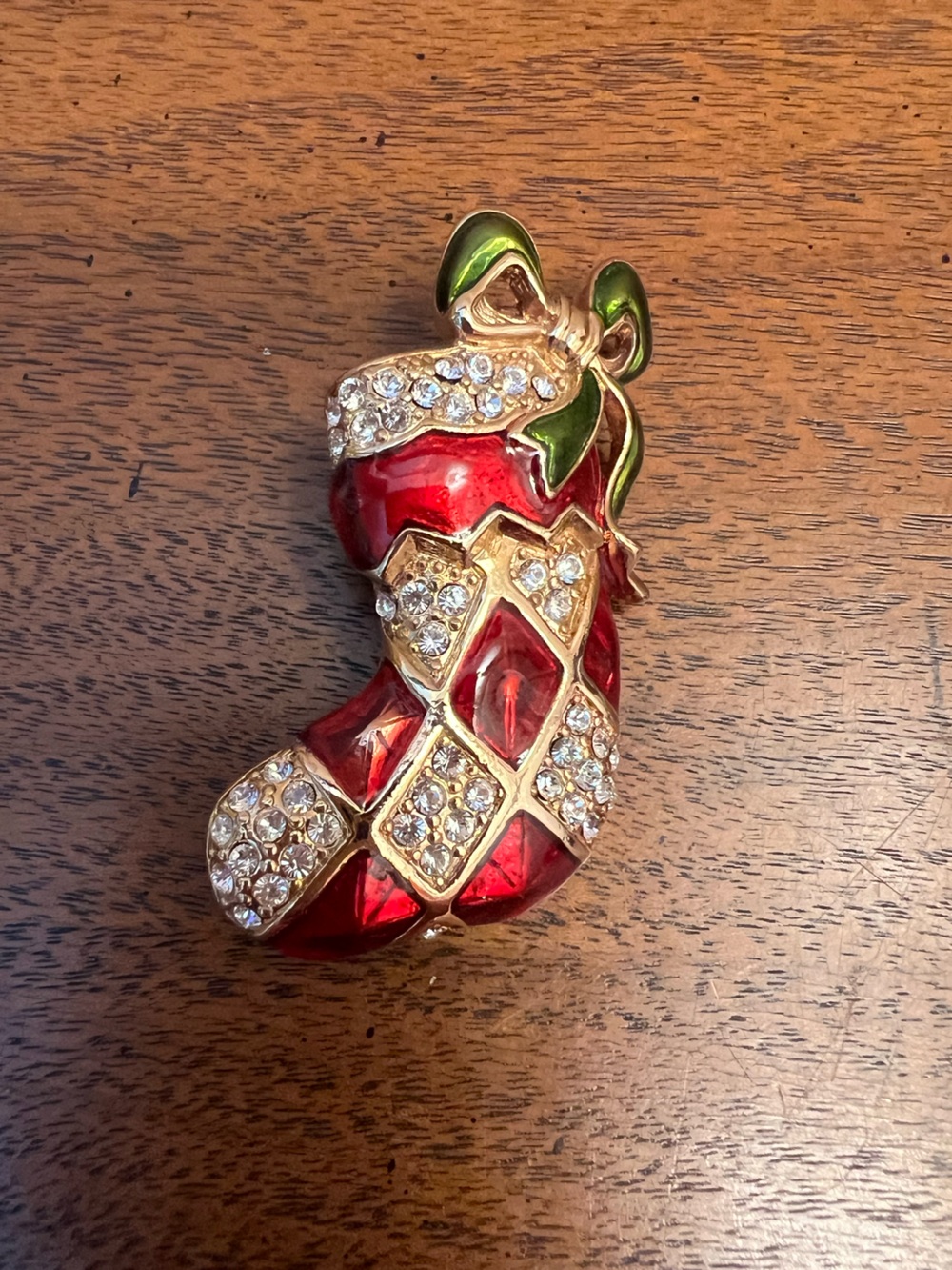 Vintage Monet Gold-Tone Red & Green Enameled Stocking Brooch with Crystal Accent